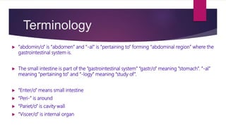 Terminology
 “abdomin/o” is “abdomen” and ”-al” is “pertaining to” forming “abdominal region” where the
gastrointestinal system is.
 The small intestine is part of the “gastrointestinal system” “gastr/o” meaning “stomach”. “-al”
meaning “pertaining to” and “-logy” meaning “study of”.
 “Enter/o” means small intestine
 “Peri-” is around
 ”Pariet/o” is cavity wall
 “Viscer/o” is internal organ
 