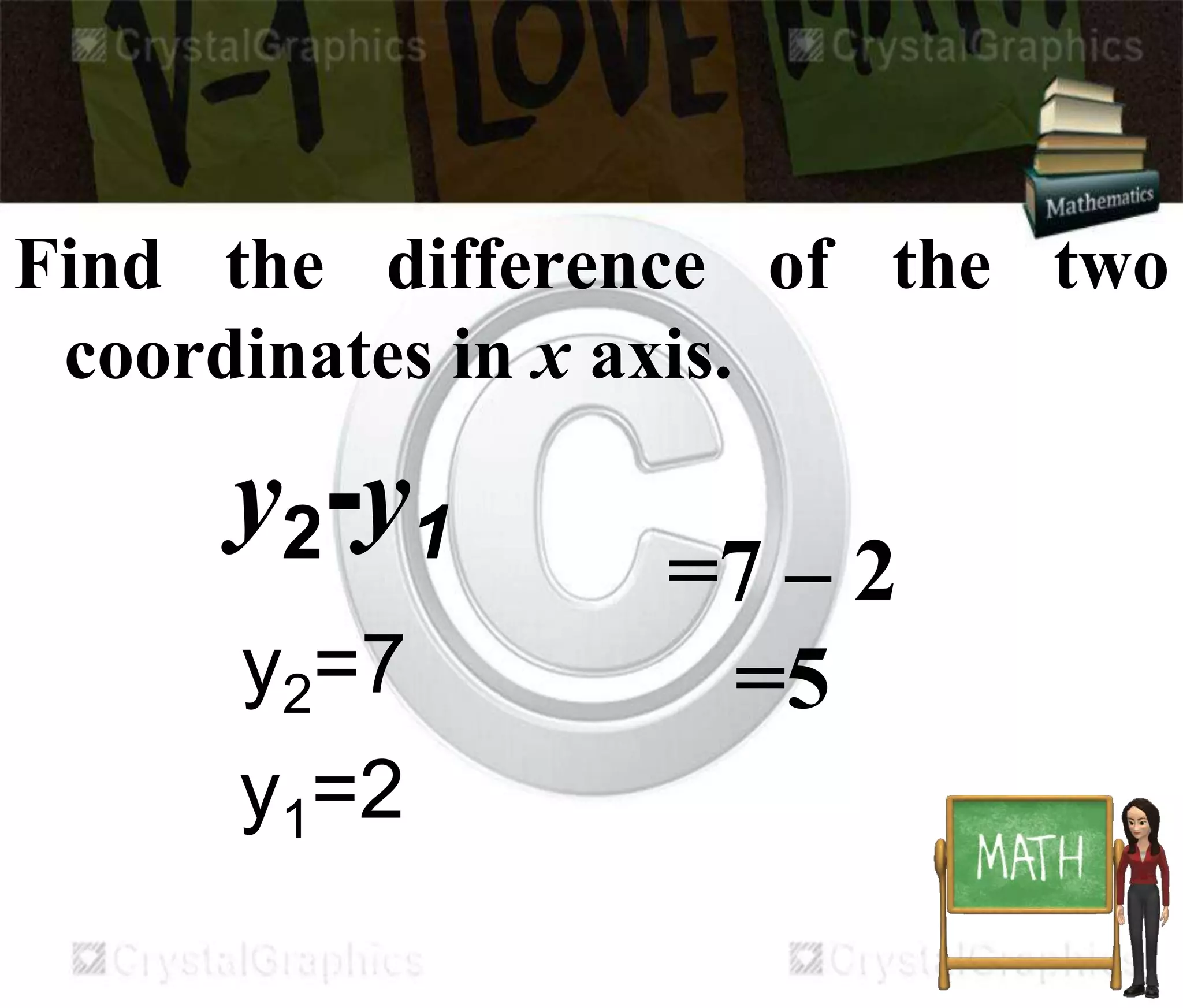 Find the difference of the two
coordinates in x axis.
y2-y1
y2=7
y1=2
=7 – 2
=5