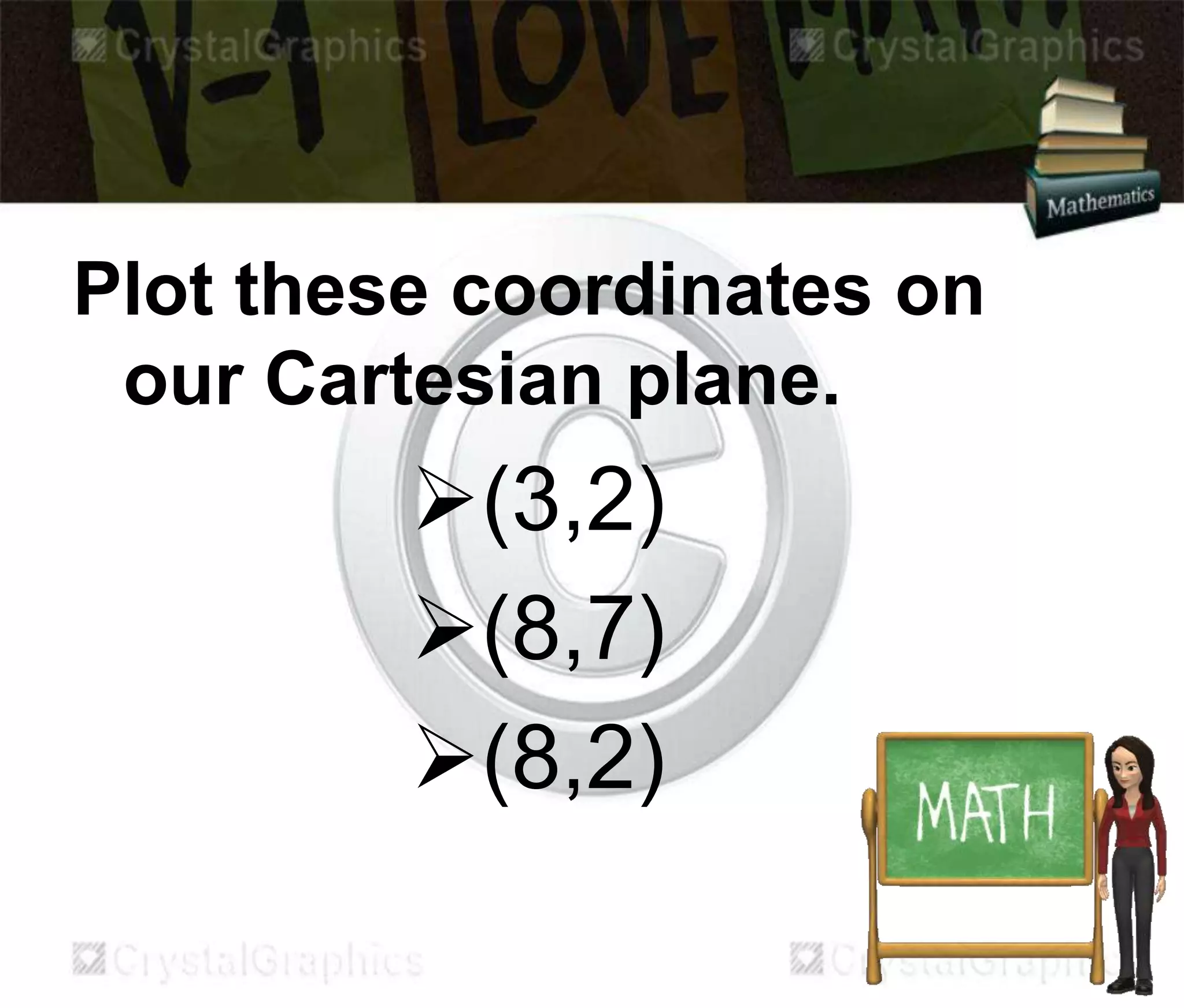 Plot these coordinates on
our Cartesian plane.
(3,2)
(8,7)
(8,2)