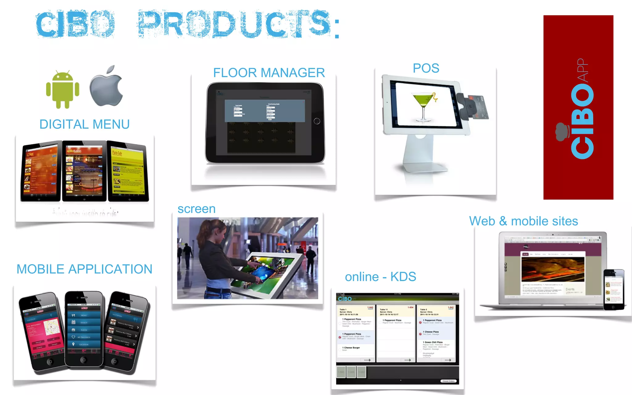 Cibo Products:
DIGITAL MENU
FLOOR MANAGER POS
MOBILE APPLICATION
Web & mobile sites
screen
online - KDS
 