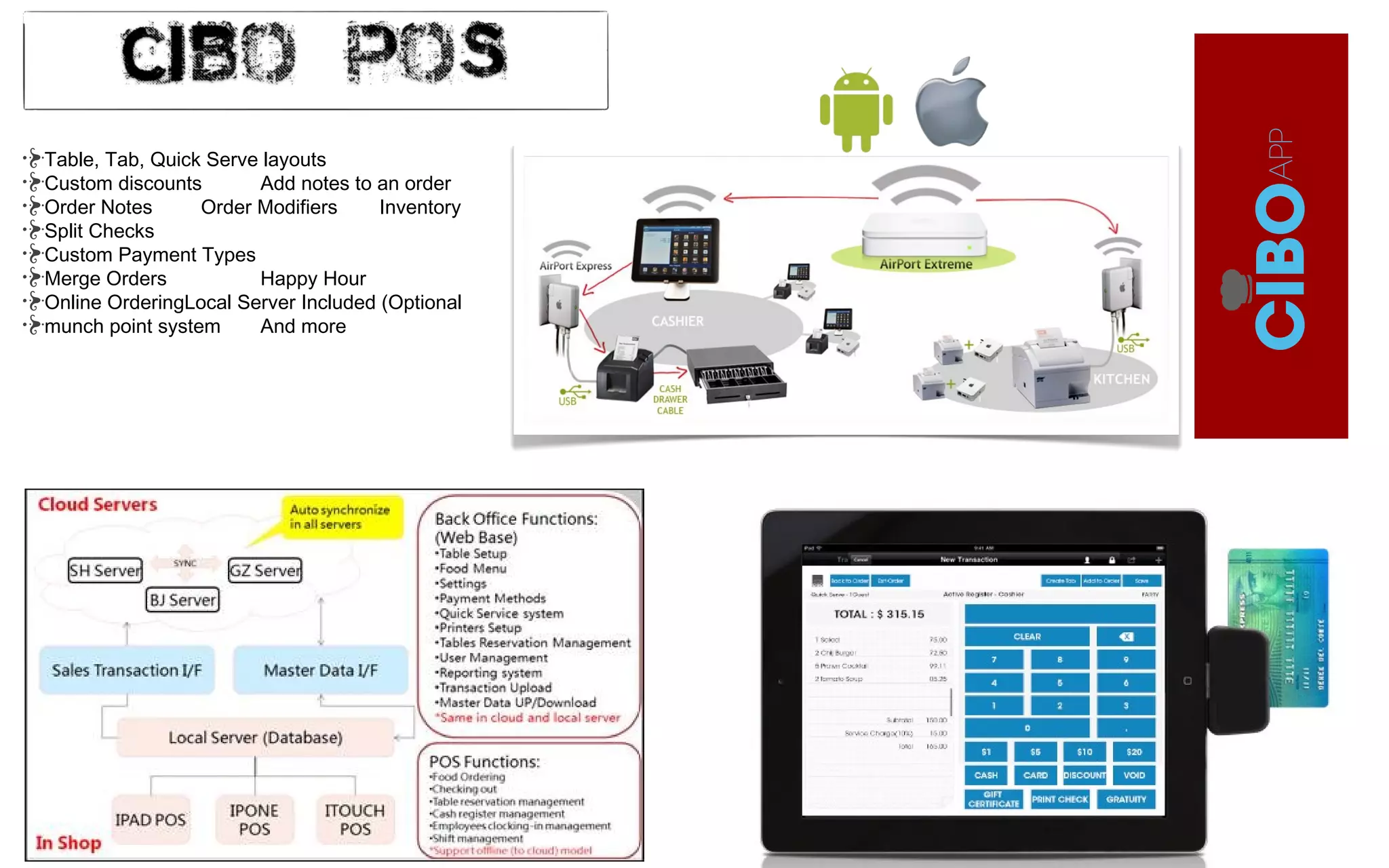Table, Tab, Quick Serve layouts
Custom discounts Add notes to an order
Order Notes Order Modifiers Inventory
Split Checks
Custom Payment Types
Merge Orders Happy Hour
Online OrderingLocal Server Included (Optional
munch point system And more
 