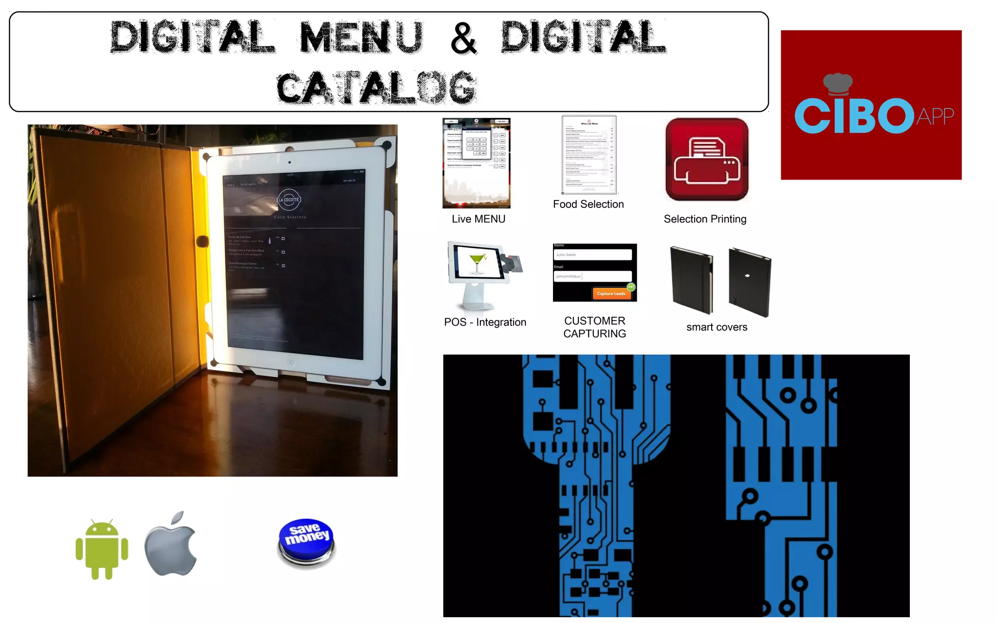Digital Menu Digital&Digital Menu Digital&
CatalogCatalog
Live MENU Selection Printing
smart covers
Food Selection
POS - Integration CUSTOMER
CAPTURING
 