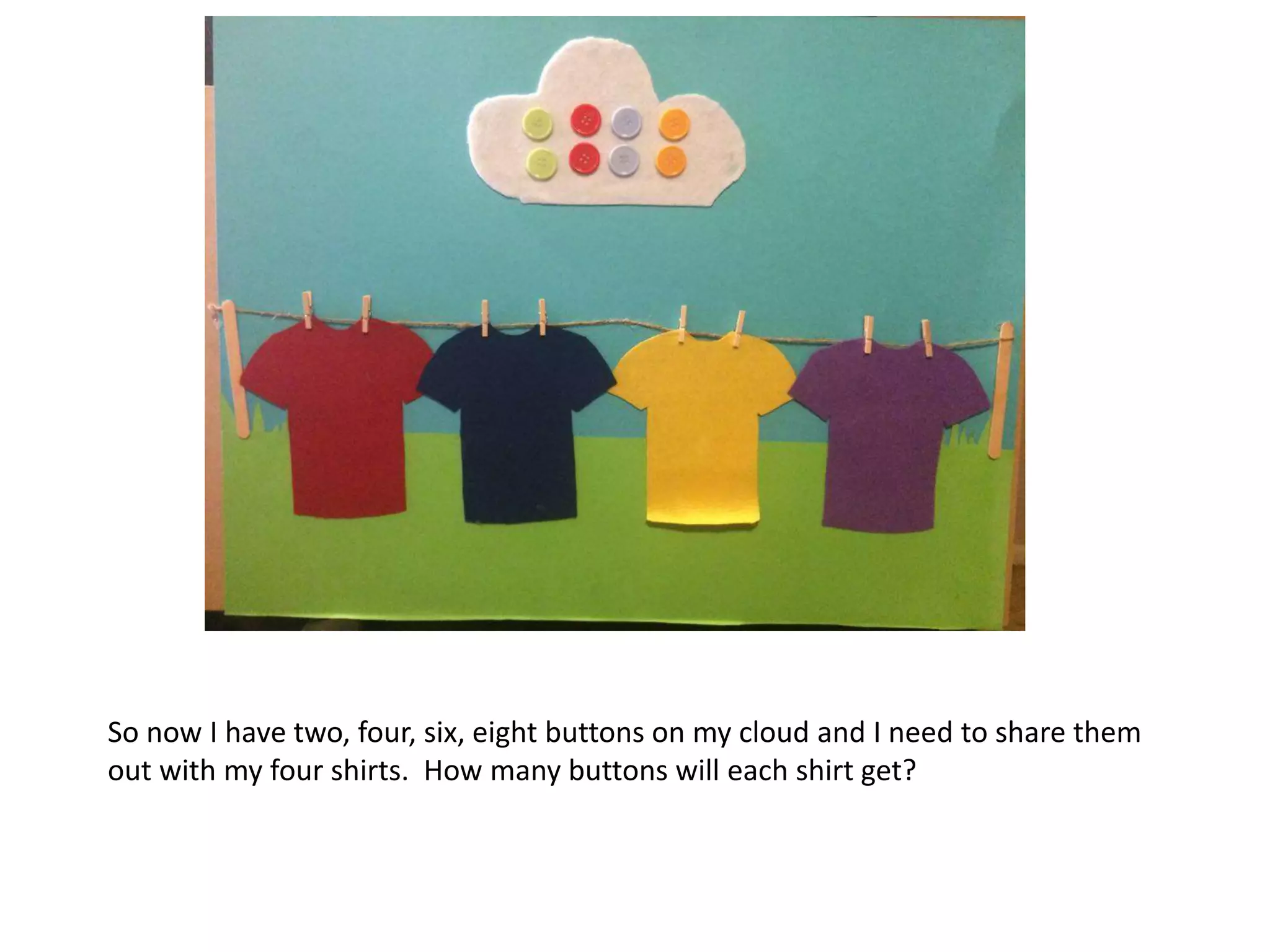 So now I have two, four, six, eight buttons on my cloud and I need to share them
out with my four shirts. How many buttons will each shirt get?
 