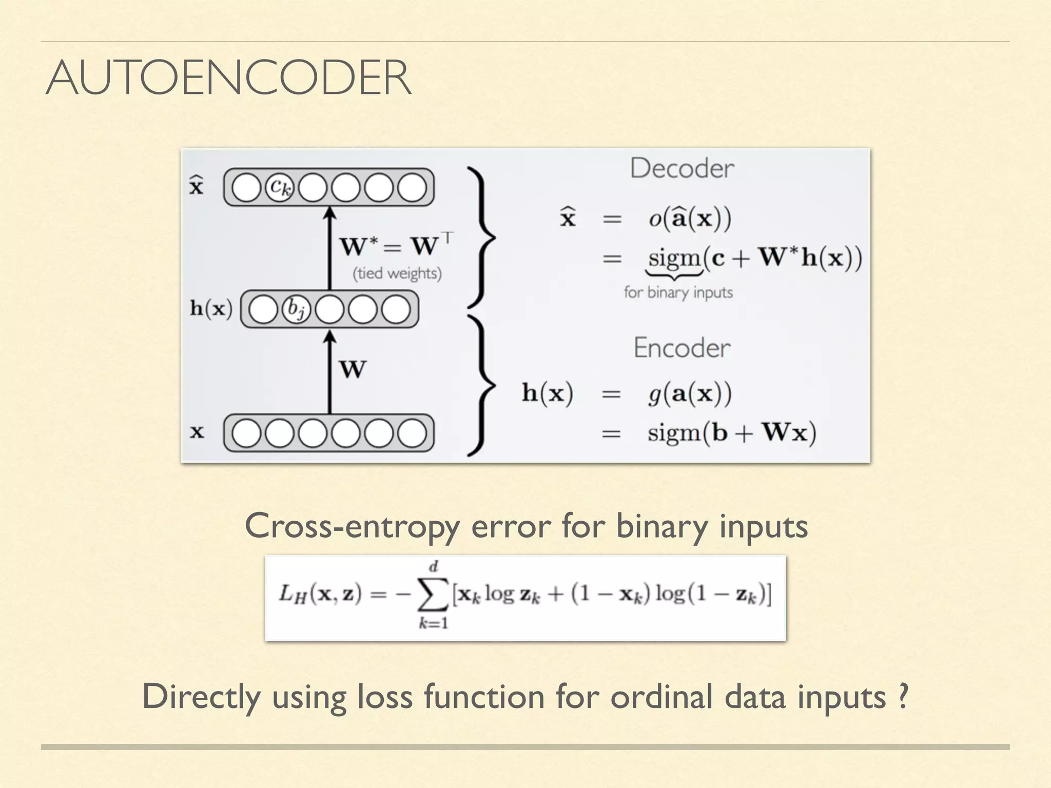 AUTOENCODER
Cross-entropy error for binary inputs
Directly using loss function for ordinal data inputs ?
 