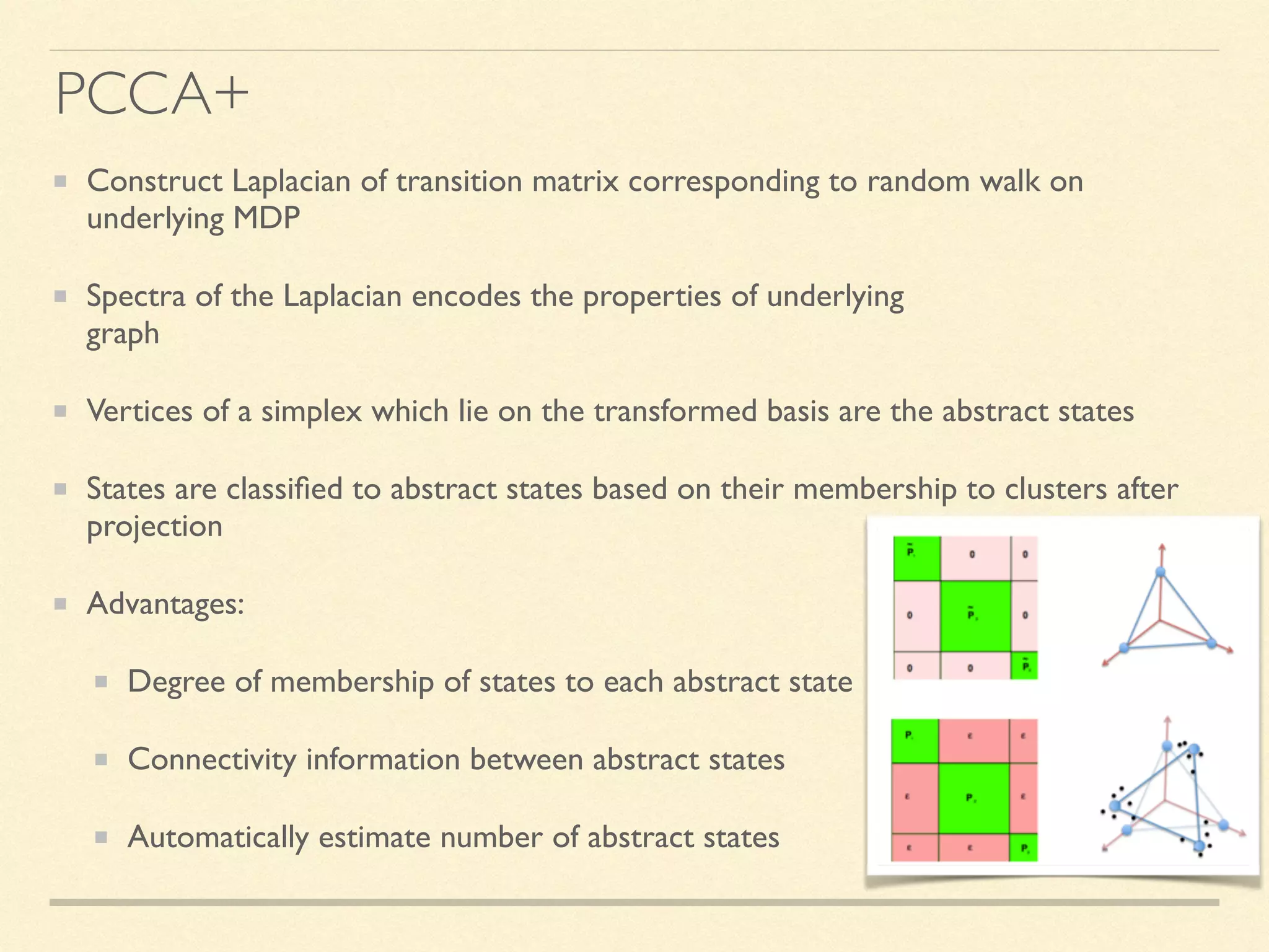 Construct Laplacian of transition matrix corresponding to random walk on
underlying MDP
Spectra of the Laplacian encodes the properties of underlying  
graph
Vertices of a simplex which lie on the transformed basis are the abstract states
States are classiﬁed to abstract states based on their membership to clusters after
projection
Advantages:
Degree of membership of states to each abstract state
Connectivity information between abstract states
Automatically estimate number of abstract states
PCCA+
 