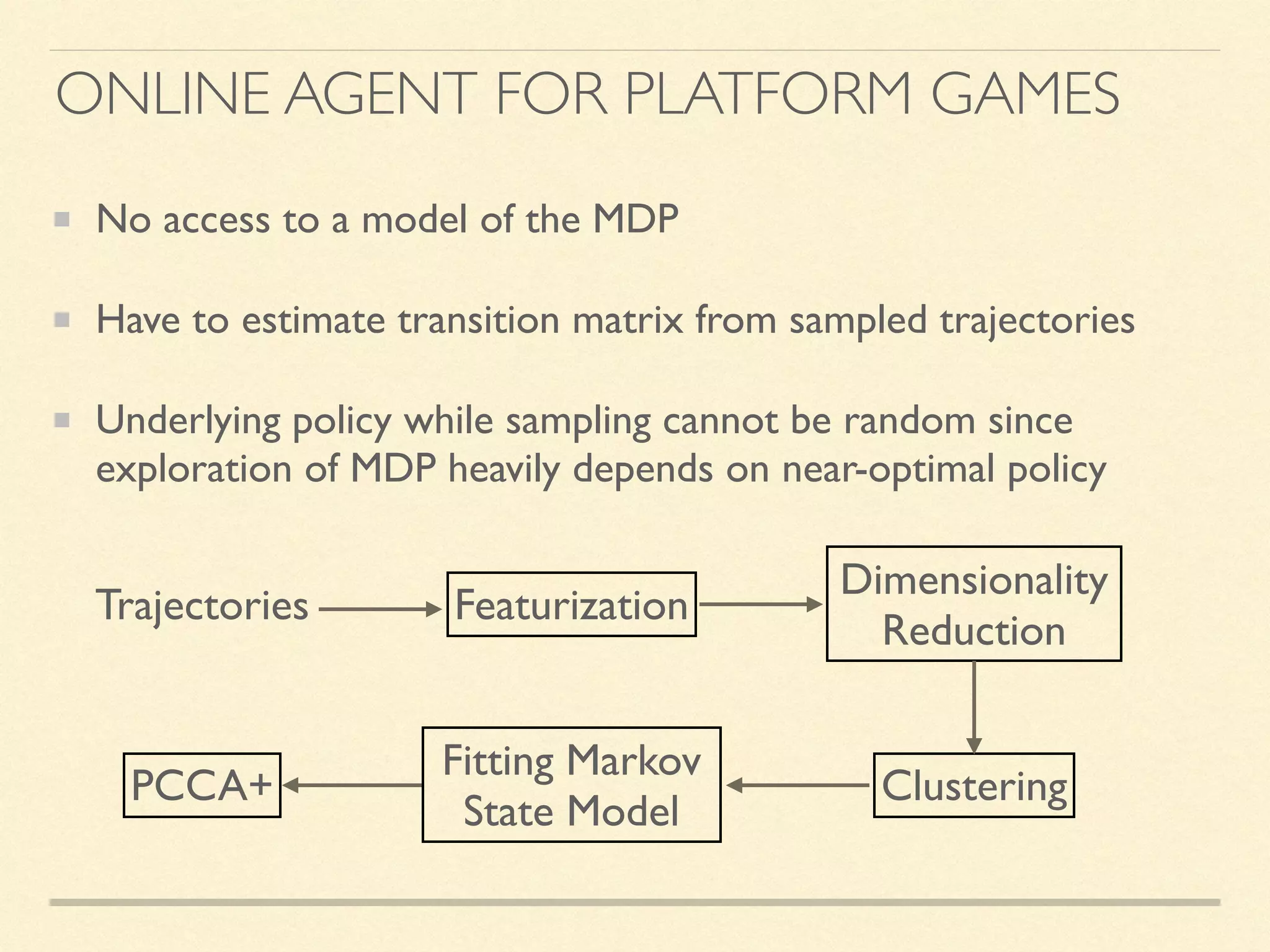 No access to a model of the MDP
Have to estimate transition matrix from sampled trajectories
Underlying policy while sampling cannot be random since
exploration of MDP heavily depends on near-optimal policy
ONLINE AGENT FOR PLATFORM GAMES
Trajectories Featurization
Dimensionality
Reduction
Clustering
Fitting Markov
State Model
PCCA+
 
