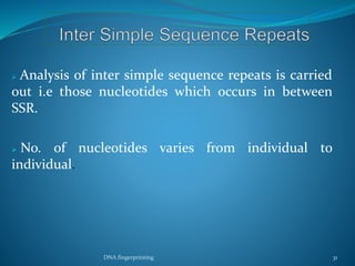  Analysis of inter simple sequence repeats is carried
out i.e those nucleotides which occurs in between
SSR.
 No. of nucleotides varies from individual to
individual.
DNA fingerprinting 31
 
