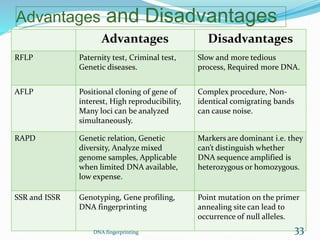 Advantages and Disadvantages
Advantages Disadvantages
RFLP Paternity test, Criminal test,
Genetic diseases.
Slow and more tedious
process, Required more DNA.
AFLP Positional cloning of gene of
interest, High reproducibility,
Many loci can be analyzed
simultaneously.
Complex procedure, Non-
identical comigrating bands
can cause noise.
RAPD Genetic relation, Genetic
diversity, Analyze mixed
genome samples, Applicable
when limited DNA available,
low expense.
Markers are dominant i.e. they
can’t distinguish whether
DNA sequence amplified is
heterozygous or homozygous.
SSR and ISSR Genotyping, Gene profiling,
DNA fingerprinting
Point mutation on the primer
annealing site can lead to
occurrence of null alleles.
DNA fingerprinting 33
 