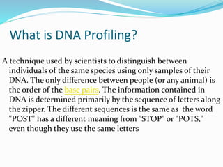 What is DNA Profiling?
A technique used by scientists to distinguish between
individuals of the same species using only samples of their
DNA. The only difference between people (or any animal) is
the order of the base pairs. The information contained in
DNA is determined primarily by the sequence of letters along
the zipper. The different sequences is the same as the word
"POST" has a different meaning from "STOP" or "POTS,"
even though they use the same letters
 