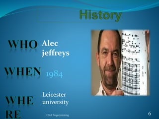 1984
Alec
jeffreys
Leicester
university
DNA fingerprinting 6
 