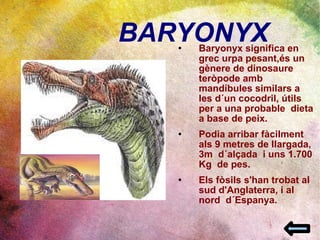 BARYONYX Baryonyx significa en grec urpa pesant,és un gènere de dinosaure teròpode amb mandíbules similars a les d´un cocodril, útils per a una probable  dieta a base de peix. Podia arribar fàcilment als 9 metres de llargada, 3m  d´alçada  i uns 1.700 Kg  de pes. Els fòsils s'han trobat al sud d'Anglaterra, i al nord  d´Espanya.  