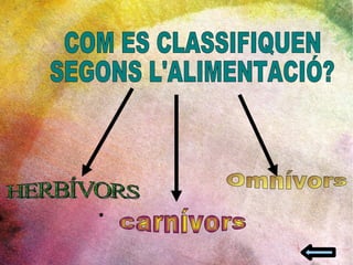 COM ES CLASSIFIQUEN  SEGONS L'ALIMENTACIÓ? COM ES CLASSIFIQUEN  SEGONS L'ALIMENTACIÓ? carnívors HERBÍVORS Omnívors carnívors carnívors 