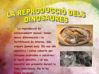 La reproducció és exclusivament sexual; tenen sexes diferenciats i la fertilització és interna. Són ovípars (ponen ous). Els ous són amniòtics i estan coberts per closques acuirades o calcàries: el líquid amniòtic, i el sac amniòtic són presents durant la fase embriònica. No hi ha fases larvàries. LA REPRODUCCIÓ DELS DINOSAURES 