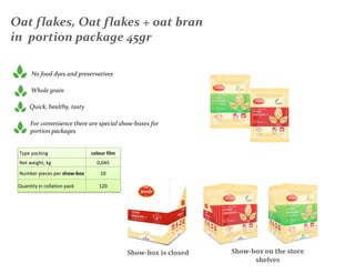 Oat flakes, Oat flakes + oat bran
in portion package 45gr
Show-box is closed Show-box on the store
shelves
Quick, healthy, tasty
No food dyes and preservatives
Whole grain
For convenience there are special show-boxes for
portion packages
Type packing colour film
Net weight, kg 0,045
Number pieces per show-box 10
Quantity in collation pack 120
 
