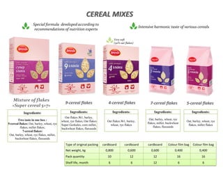 CEREAL MIXES
Ingredients:
Two taste in one box :
5-cereal flakes: Oat, barley, wheat, rye
flakes, millet flakes;
7-cereal flakes:
Oat, barley, wheat, rye flakes, millet,
buckwheat flakes, flaxseeds
Ingredients:
Oat flakes №1, barley,
wheat, rye flakes
Ingredients:
Oat, barley, wheat, rye
flakes, millet, buckwheat
flakes, flaxseeds
Ingredients:
Oat, barley, wheat, rye
flakes, millet flakes
Ingredients:
Oat flakes №1, barley,
wheat, rye flakes, Oat flakes
Super Gerkules, corn millet,
buckwheat flakes, flaxseeds
Special formula developed according to
recommendations of nutrition experts
Intensive harmonic taste of various cereals
Mixture of flakes
«Super cereal 5+7»
9-cereal flakes 4-cereal flakes 7-cereal flakes 5-cereal flakes
Type of original packing cardboard cardboard cardboard Colour film bag Colour film bag
Net weight, kg 0,800 0,600 0,600 0,400 0,400
Pack quantity 10 12 12 16 16
Shelf life, month 6 6 12 6 6
Very soft
(50% oat flakes)
 