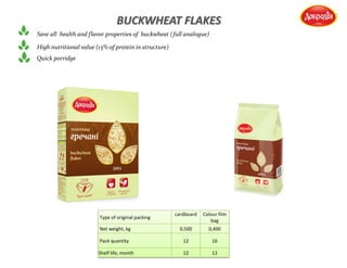 Save all health and flavor properties of buckwheat (full analogue)
Quick porridge
High nutritional value (13% of protein in structure)
Type of original packing
cardboard Colour film
bag
Net weight, kg 0,500 0,400
Pack quantity 12 16
Shelf life, month 12 12
BUCKWHEAT FLAKES
 