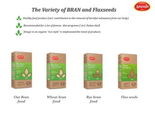 The Variety of BRAN and Flaxseeds
Design in an organic “eco-style” is emphasized the trend of products
Healthy food product (incl. contribution to the removal of harmful substances from our body)
Recommended for a lot of famous diet programs ( incl. Dukan diet)
Oat Bran
food
Wheat bran
food
Rye bran
food
Flax seeds
 
