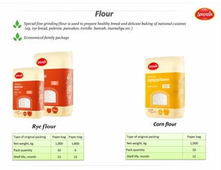 Rye flour
Flour
Corn flour
Type of original packing Paper bag Paper bag
Net weight, kg 1,000 1,800
Pack quantity 10 6
Shelf life, month 12 12
Type of original packing Paper bag
Net weight, kg 1,000
Pack quantity 10
Shelf life, month 12
Special fine grinding flour is used to prepare healthy bread and delicate baking of national cuisines
(eg. rye bread, polenta, pancakes, tortilla banosh, mamaliga etc.)
Economical family package
 