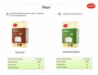 Buckwheat flourOat Flour
Type of original packing Paper bag
Net weight, kg 1,000
Pack quantity 10
Shelf life, month 12
Type of original packing Paper bag
Net weight, kg 1,000
Pack quantity 10
Shelf life, month 8
Flour
Recommended for oatmeal cookies, cupcakes,
cereal crisp bread etc.
Healthy nutrition product
 