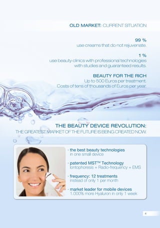 Old market: Current situation
The Beauty Device Revolution:
The greatest market of the future is being created now.
99 %
use creams that do not rejuvenate.
1 %
use beauty clinics with professional technologies
with studies and guaranteed results.
Beauty for the rich
Up to 500 Euros per treatment.
Costs of tens of thousands of Euros per year.
 the best beauty technologies
in one small device
 patented MSTTM
Technology
Iontophoresis + Radio-frequency + EMS
 frequency: 12 treatments
instead of only 1 per month
 market leader for mobile devices
1.000% more Hyaluron in only 1 week
4
 