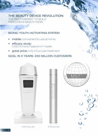 BYAS Face Lifter BYAS Eye Lifter
The Beauty Device Revolution:
The right market to build
freedom & wealth now.
Bionic Youth Activating System
?	 mobile: convenient to use at home
?	 efficacy study:
1.000 % more Hyaluron in 1 week
?	 great price: only 4 Euro per treatment
Goal in 5 years: 200 million customers
7
 