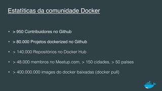 Estatíticas da comunidade Docker
•  > 950 Contribuidores no Github
•  > 80.000 Projetos dockerized no Github
•  > 140.000 Repositórios no Docker Hub!
•  > 48.000 membros no Meetup.com, > 150 cidades, > 50 países!
•  > 400.000.000 images do docker baixadas (docker pull)!
 