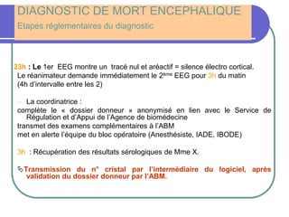 DIAGNOSTIC DE MORT ENCEPHALIQUE
Etapes réglementaires du diagnostic
23h : Le 1er EEG montre un tracé nul et aréactif = silence électro cortical.
Le réanimateur demande immédiatement le 2ème EEG pour 3h du matin
(4h d’intervalle entre les 2)
 La coordinatrice :
complète le « dossier donneur » anonymisé en lien avec le Service de
Régulation et d’Appui de l’Agence de biomédecine
transmet des examens complémentaires à l’ABM
met en alerte l’équipe du bloc opératoire (Anesthésiste, IADE, IBODE)
3h : Récupération des résultats sérologiques de Mme X.
Transmission du n° cristal par l’intermédiaire du logiciel, après
validation du dossier donneur par l’ABM.
 