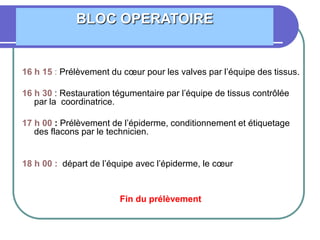 16 h 15 : Prélèvement du cœur pour les valves par l’équipe des tissus.
16 h 30 : Restauration tégumentaire par l’équipe de tissus contrôlée
par la coordinatrice.
17 h 00 : Prélèvement de l’épiderme, conditionnement et étiquetage
des flacons par le technicien.
18 h 00 : départ de l’équipe avec l’épiderme, le cœur
Fin du prélèvement
BLOC OPERATOIRE
 