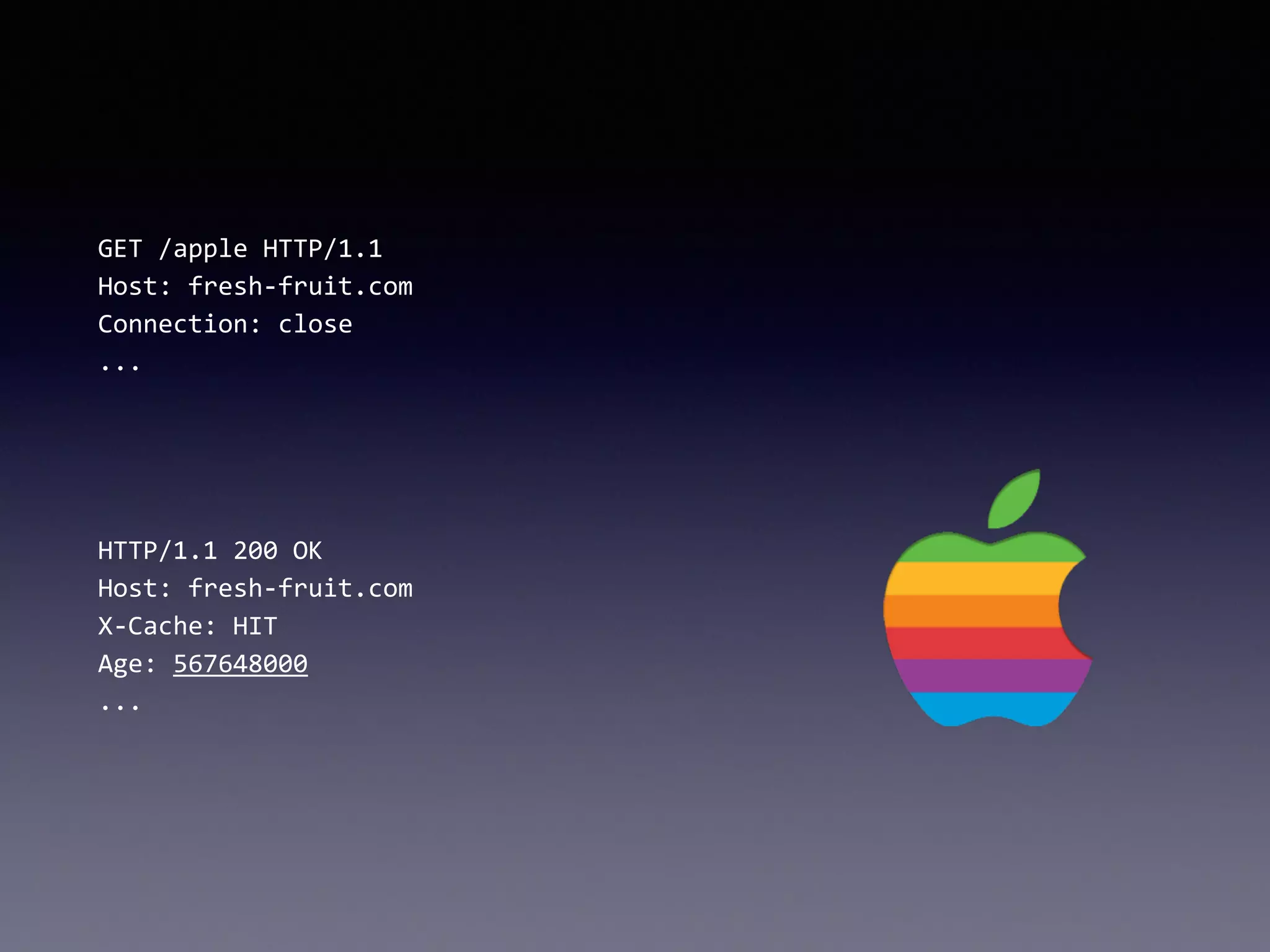 GET	
  /apple	
  HTTP/1.1 
Host:	
  fresh-­‐fruit.com 
Connection:	
  close 
... 
 
!
!
HTTP/1.1	
  200	
  OK 
Host:	
  fresh-­‐fruit.com 
X-­‐Cache:	
  HIT 
Age:	
  567648000 
...
 