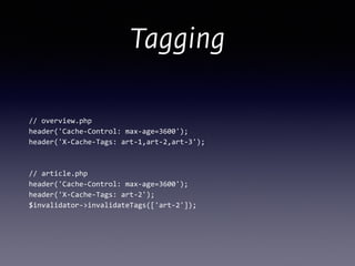 Tagging
//	
  overview.php 
header('Cache-­‐Control:	
  max-­‐age=3600'); 
header('X-­‐Cache-­‐Tags:	
  art-­‐1,art-­‐2,art-­‐3');	
  
!
!
//	
  article.php 
header('Cache-­‐Control:	
  max-­‐age=3600'); 
header('X-­‐Cache-­‐Tags:	
  art-­‐2');	
  
$invalidator-­‐>invalidateTags(['art-­‐2']);
 