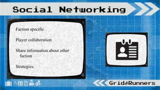 Social Networking
Faction specific
Player collaboration
Share information about other
faction
Strategies.
 