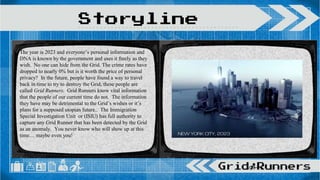 Storyline
The year is 2023 and everyone’s personal information and
DNA is known by the government and uses it freely as they
wish. No one can hide from the Grid. The crime rates have
dropped to nearly 0% but is it worth the price of personal
privacy? In the future, people have found a way to travel
back in time to try to destroy the Grid, these people are
called Grid Runners. Grid Runners know vital information
that the people of our current time do not. The information
they have may be detrimental to the Grid’s wishes or it’s
plans for a supposed utopian future.. The Immigration
Special Investigation Unit or (ISIU) has full authority to
capture any Grid Runner that has been detected by the Grid
as an anomaly. You never know who will show up at this
time… maybe even you!
 