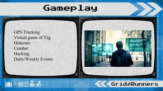 GPS Tracking
Virtual game of Tag
Hideouts
Combat
Hacking
Daily/Weekly Events
Gameplay
 
