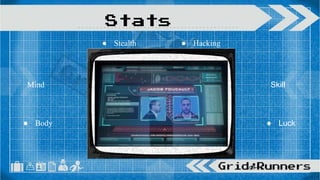 Mind
● Body
Stats
Skill
● Luck
● Stealth ● Hacking
 