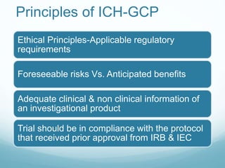 Principles of ICH-GCP 
Ethical Principles-Applicable regulatory 
requirements 
Foreseeable risks Vs. Anticipated benefits 
Adequate clinical & non clinical information of 
an investigational product 
Trial should be in compliance with the protocol 
that received prior approval from IRB & IEC 
 
