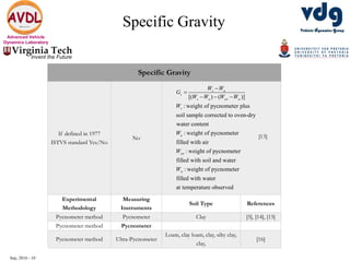 Sep, 2016 - 10
Advanced Vehicle
Dynamics Laboratory
Specific Gravity
Specific Gravity
If defined in 1977
ISTVS standard Yes/No
No
[( ) ( )]
: weight of pycnometer plus
soil sample corrected to oven-dry
water content
: weight of pycnometer
filled with air
: weight of pycnometer
filled with soil and water
: weig
s a
s
s a sw w
s
a
sw
w
W W
G
W W W W
W
W
W
W


  
ht of pycnometer
filled with water
at temperature observed
[13]
Experimental
Methodology
Measuring
Instruments
Soil Type References
Pycnometer method Pycnometer Clay [5], [14], [15]
Pycnometer method Pycnometer
Pycnometer method Ultra-Pycnometer
Loam, clay loam, clay, silty clay,
clay,
[16]
 
