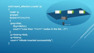 void insert_after(int c,node* p)
{
node* q;
q=start;
for(int i=1;i<c;i++)
{
q=q->link;
if(q==NULL)
cout<<”Less than “<<c<<” nodes in the list…!!!”;
}
p->link=q->link;
q->link=p;
cout<<”nNode inserted successfully”;
}
 