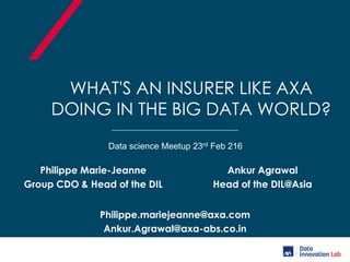 WHAT'S AN INSURER LIKE AXA
DOING IN THE BIG DATA WORLD?
Data science Meetup 23rd Feb 216
Philippe.mariejeanne@axa.com
Ankur.Agrawal@axa-abs.co.in
Philippe Marie-Jeanne
Group CDO & Head of the DIL
Ankur Agrawal
Head of the DIL@Asia
 