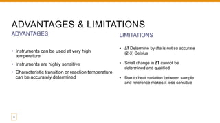 ADVANTAGES & LIMITATIONS
• Instruments can be used at very high
temperature
• Instruments are highly sensitive
• Characteristic transition or reaction temperature
can be accurately determined
ADVANTAGES
9
LIMITATIONS
• ΔT Determine by dta is not so accurate
(2-3) Celsius
• Small change in ΔT cannot be
determined and qualified
• Due to heat variation between sample
and reference makes it less sensitive
 