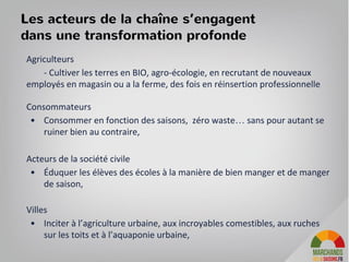 Agriculteurs
- Cultiver les terres en BIO, agro-écologie, en recrutant de nouveaux
employés en magasin ou a la ferme, des fois en réinsertion professionnelle
Consommateurs
• Consommer en fonction des saisons, zéro waste… sans pour autant se
ruiner bien au contraire,
Acteurs de la société civile
• Éduquer les élèves des écoles à la manière de bien manger et de manger
de saison,
Villes
• Inciter à l’agriculture urbaine, aux incroyables comestibles, aux ruches
sur les toits et à l’aquaponie urbaine,
Les acteurs de la chaîne s’engagent
dans une transformation profonde
 