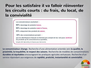 Les lieux de rencontre permanents
Producteurs Consommateurs
La relation locale
Pour choisir les produits frais
et rencontrer les
producteurs, il existe:
• les marchés (ponctuel)
• Les magasins de
producteurs (rares en
agglomération)
 