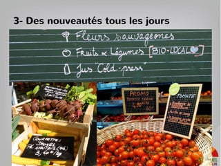 4- la conscience écologique et sociale
“positive” : les partenariats
48
- partenariat zérowaste France grâce à Cécile
happening d’artistes, une agence de com’ (jeremy)
- réseau d’architectes « récupération » pour le mobilier
- élargir les échanges/ateliers du soir pour attirer des
communautés variées (pas que des mères de famille) : musique,
jeux vidéo…
- des employés en réinsertions professionnelle
 