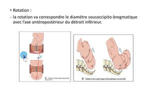• Rotation :
- la rotation va correspondre le diamètre sousoccipito-bregmatique
avec l’axe antéropostérieur du détroit inférieur.
 