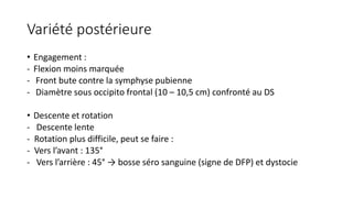 Variété postérieure
• Engagement :
- Flexion moins marquée
- Front bute contre la symphyse pubienne
- Diamètre sous occipito frontal (10 – 10,5 cm) confronté au DS
• Descente et rotation
- Descente lente
- Rotation plus difficile, peut se faire :
- Vers l’avant : 135°
- Vers l’arrière : 45° → bosse séro sanguine (signe de DFP) et dystocie
 