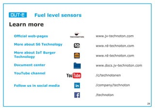 28
Fuel level sensors
Ofﬁcial web-pages
More about S6 Technology
More about IoT Burger
Technology
Document center
YouTube channel
Follow us in social media
Learn more
www.jv-technoton.com
www.rd-technoton.com
www.rd-technoton.com
www.docs.jv-technoton.com
/c/technotonen
/company/technoton
/technoton
 