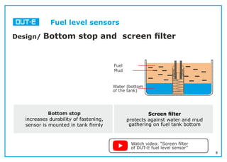 8
Fuel level sensors
Design/ Bottom stop and screen ﬁlter
Water (bottom
of the tank)
Fuel
Mud
Bottom stop
increases durability of fastening,
sensor is mounted in tank ﬁrmly
Screen ﬁlter
protects against water and mud
gathering on fuel tank bottom
Watch video: “Screen ﬁlter
of DUT-E fuel level sensor”
 