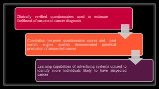 9
Clinically verified questionnaires used to estimate
likelihood of suspected cancer diagnosis
Correlation between questionnaire scores and past
search engine queries demonstrated potential
prediction of suspected cancer
Learning capabilities of advertising systems utilized to
identify more individuals likely to have suspected
cancer
 