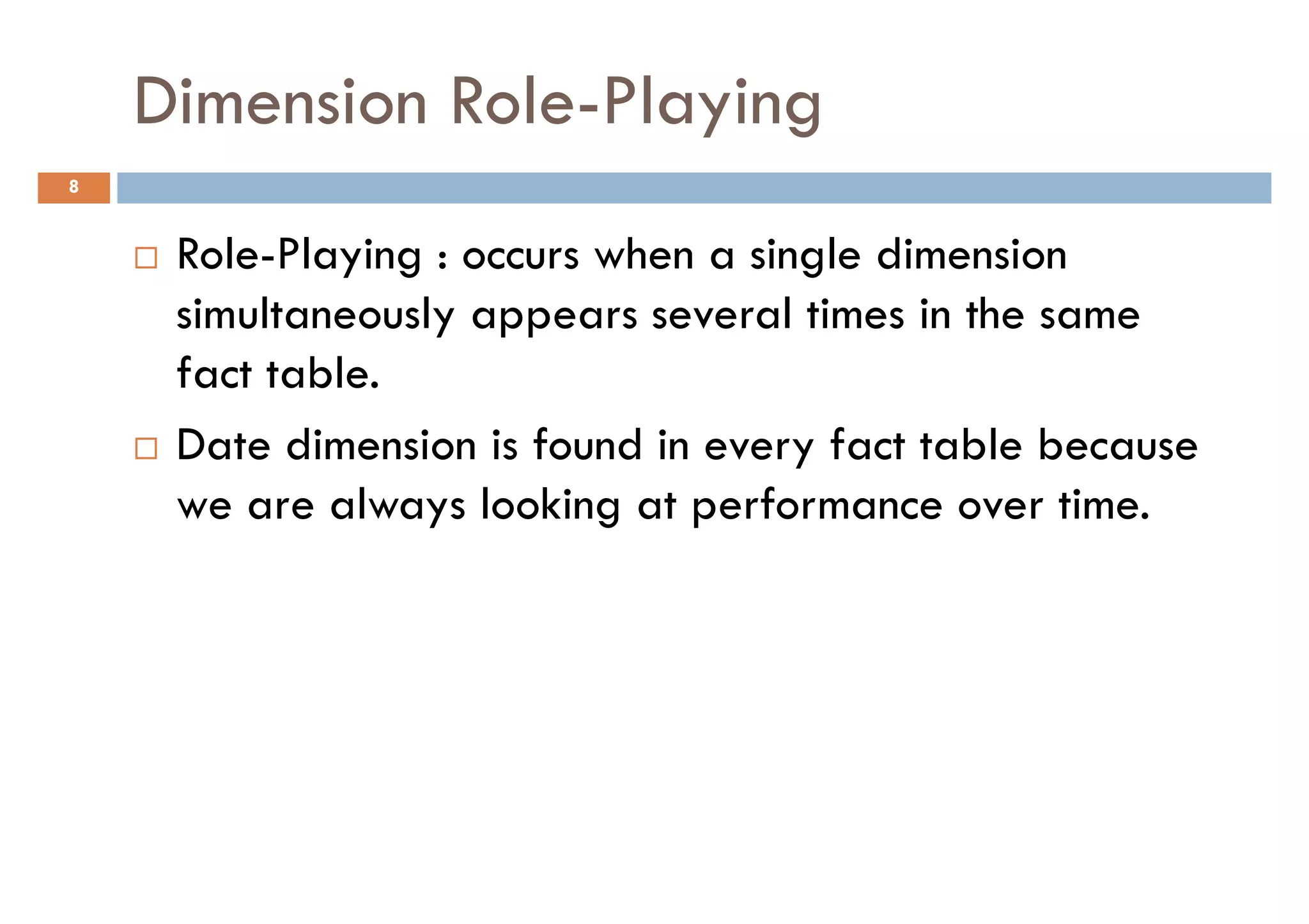 Dimension Role-Playing
8


     Role-Playing : occurs when a single dimension
     simultaneously appears several times in the same
     fact table.
     Date dimension is found in every fact table because
     we are always looking at performance over time.
 