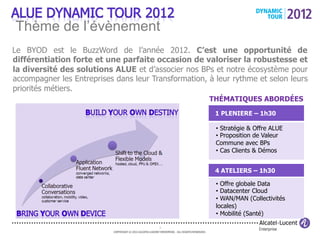 Thème de l’évènement
Le BYOD est le BuzzWord de l’année 2012. C’est une opportunité de
différentiation forte et une parfaite occasion de valoriser la robustesse et
la diversité des solutions ALUE et d’associer nos BPs et notre écosystème pour
accompagner les Entreprises dans leur Transformation, à leur rythme et selon leurs
priorités métiers.
                                                                                               THÉMATIQUES ABORDÉES
                                                                                                1 PLENIERE – 1h30

                                                                                                •  Stratégie & Offre ALUE
                                                                                                •  Proposition de Valeur
                                                                                                Commune avec BPs
                                                                                                •  Cas Clients & Démos


                                                                                                4 ATELIERS – 1h30

                                                                                                •  Offre globale Data
                                                                                                •  Datacenter Cloud
                                                                                                •  WAN/MAN (Collectivités
                                                                                                locales)
                                                                                                •  Mobilité (Santé)

                                                           3
                            COPYRIGHT © 2012 ALCATEL-LUCENT ENTERPRISE. ALL RIGHTS RESERVED.
                             COPYRIGHT © 2011 ALCATEL-LUCENT ENTEPRISE. ALL RIGHTS RESERVED.
 