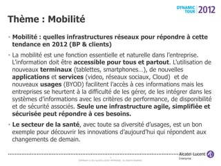 Thème : Mobilité
•  Mobilité : quelles infrastructures réseaux pour répondre à cette
   tendance en 2012 (BP & clients)
•  La mobilité est une fonction essentielle et naturelle dans l’entreprise.
   L’information doit être accessible pour tous et partout. L’utilisation de
   nouveaux terminaux (tablettes, smartphones…), de nouvelles
   applications et services (video, réseaux sociaux, Cloud) et de
   nouveaux usages (BYOD) facilitent l’accès à ces informations mais les
   entreprises se heurtent à la difficulté de les gérer, de les intégrer dans les
   systèmes d’informations avec les critères de performance, de disponibilité
   et de sécurité associés. Seule une infrastructure agile, simplifiée et
   sécurisée peut répondre à ces besoins.
•  Le secteur de la santé, avec toute sa diversité d’usages, est un bon
   exemple pour découvrir les innovations d’aujourd’hui qui répondent aux
   changements de demain.

                                                          4
                           COPYRIGHT © 2012 ALCATEL-LUCENT ENTERPRISE. ALL RIGHTS RESERVED.
 